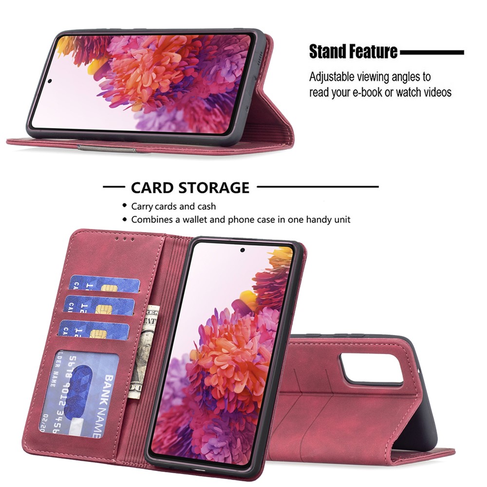 BINFEN COLOR Magnetic Auto-absorbed Wallet Shockproof Phone Stand Cover Anti-dust Phone Case Splicing Leather Shell for Samsung Galaxy S20 FE 4G/5G - Red-2