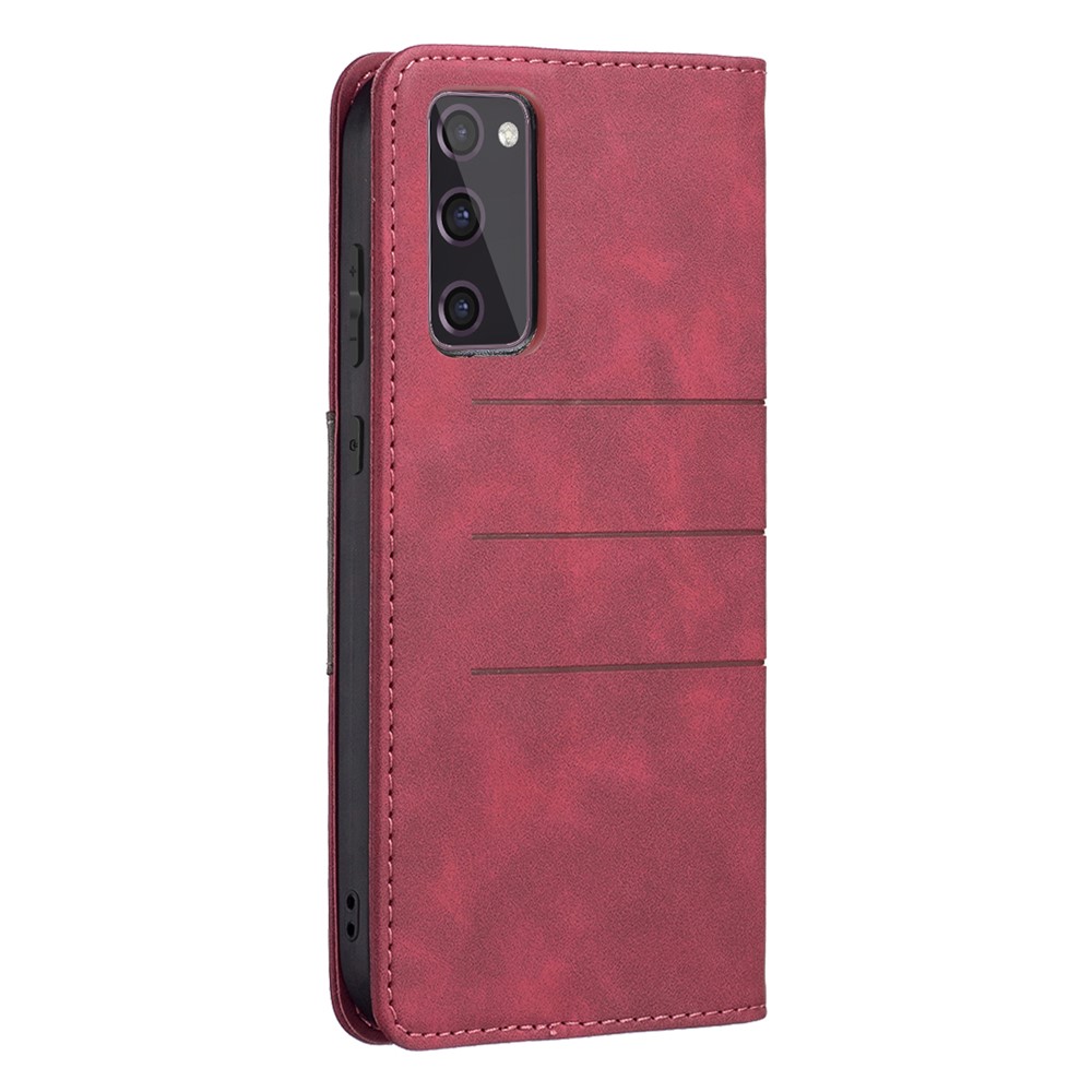 BINFEN COLOR Magnetic Auto-absorbed Wallet Shockproof Phone Stand Cover Anti-dust Phone Case Splicing Leather Shell for Samsung Galaxy S20 FE 4G/5G - Red-5