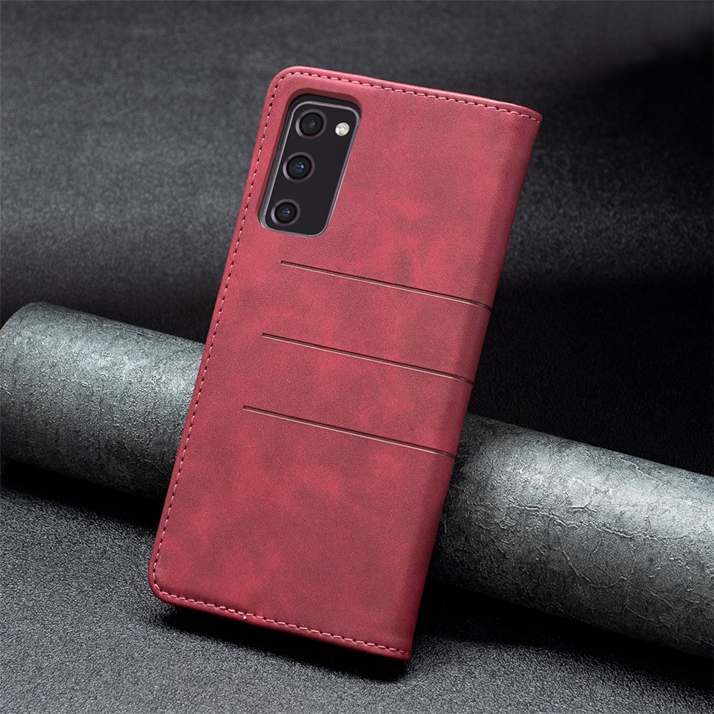 BINFEN COLOR Magnetic Auto-absorbed Wallet Shockproof Phone Stand Cover Anti-dust Phone Case Splicing Leather Shell for Samsung Galaxy S20 FE 4G/5G - Red-7