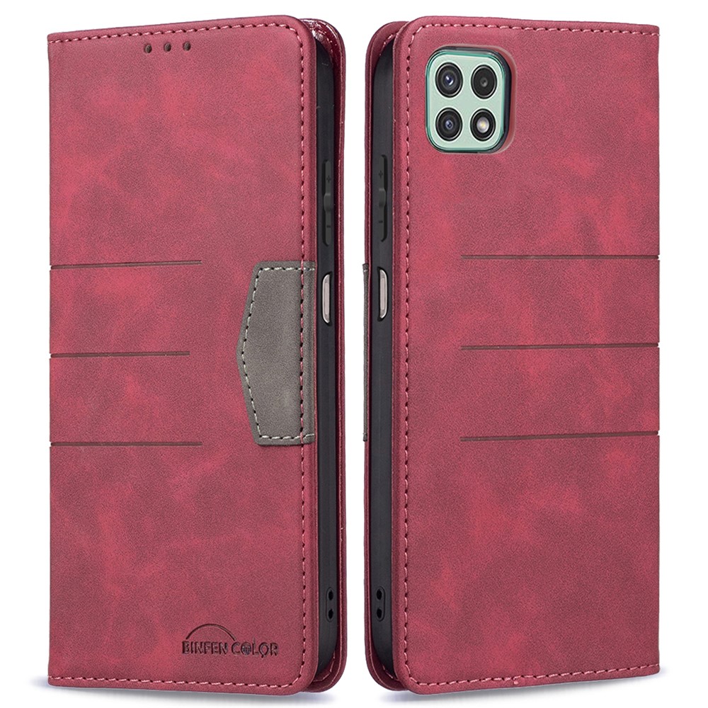 BINFEN COLOR Ultra-strong Auto-absorption Anti-fingerprint Mobile Phone Flip Cover Splicing Leather Wallet for Samsung Galaxy A22 5G (EU Version) - Red-1