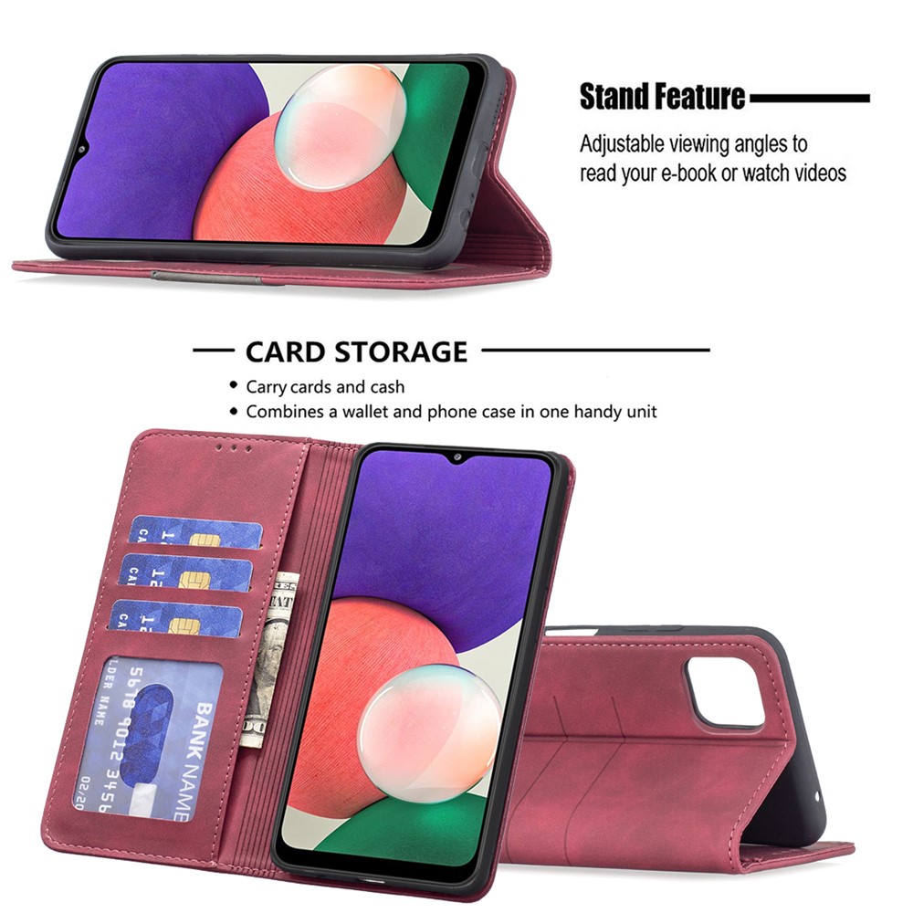 BINFEN COLOR Ultra-strong Auto-absorption Anti-fingerprint Mobile Phone Flip Cover Splicing Leather Wallet for Samsung Galaxy A22 5G (EU Version) - Red-2