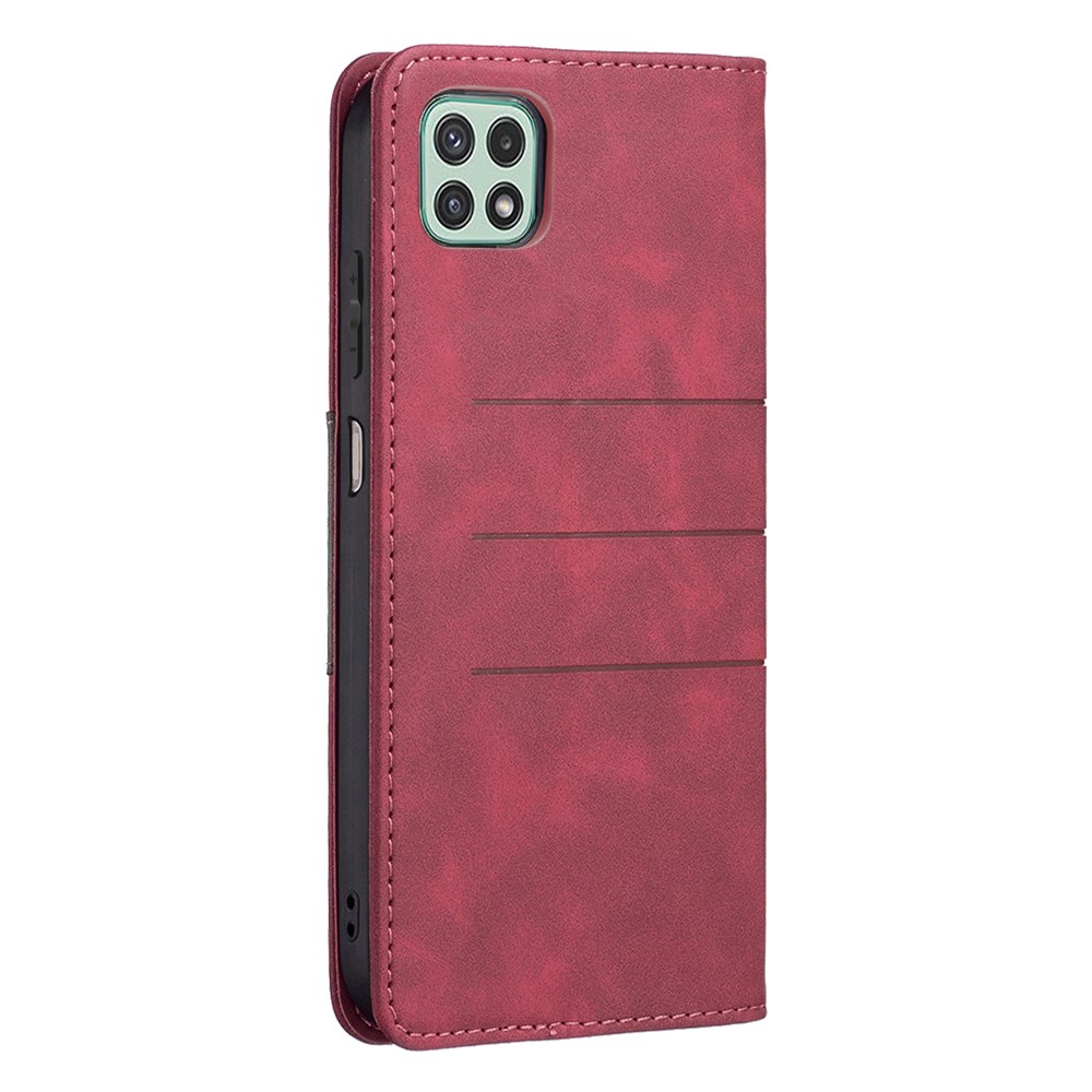 BINFEN COLOR Ultra-strong Auto-absorption Anti-fingerprint Mobile Phone Flip Cover Splicing Leather Wallet for Samsung Galaxy A22 5G (EU Version) - Red-5