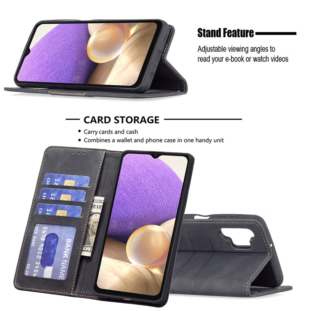 BINFEN COLOR Stylish Flip Phone Case Wallet Function Stand Design TPU+PU Leather Phone Covering Shell for Samsung Galaxy A32 5G - Black-2