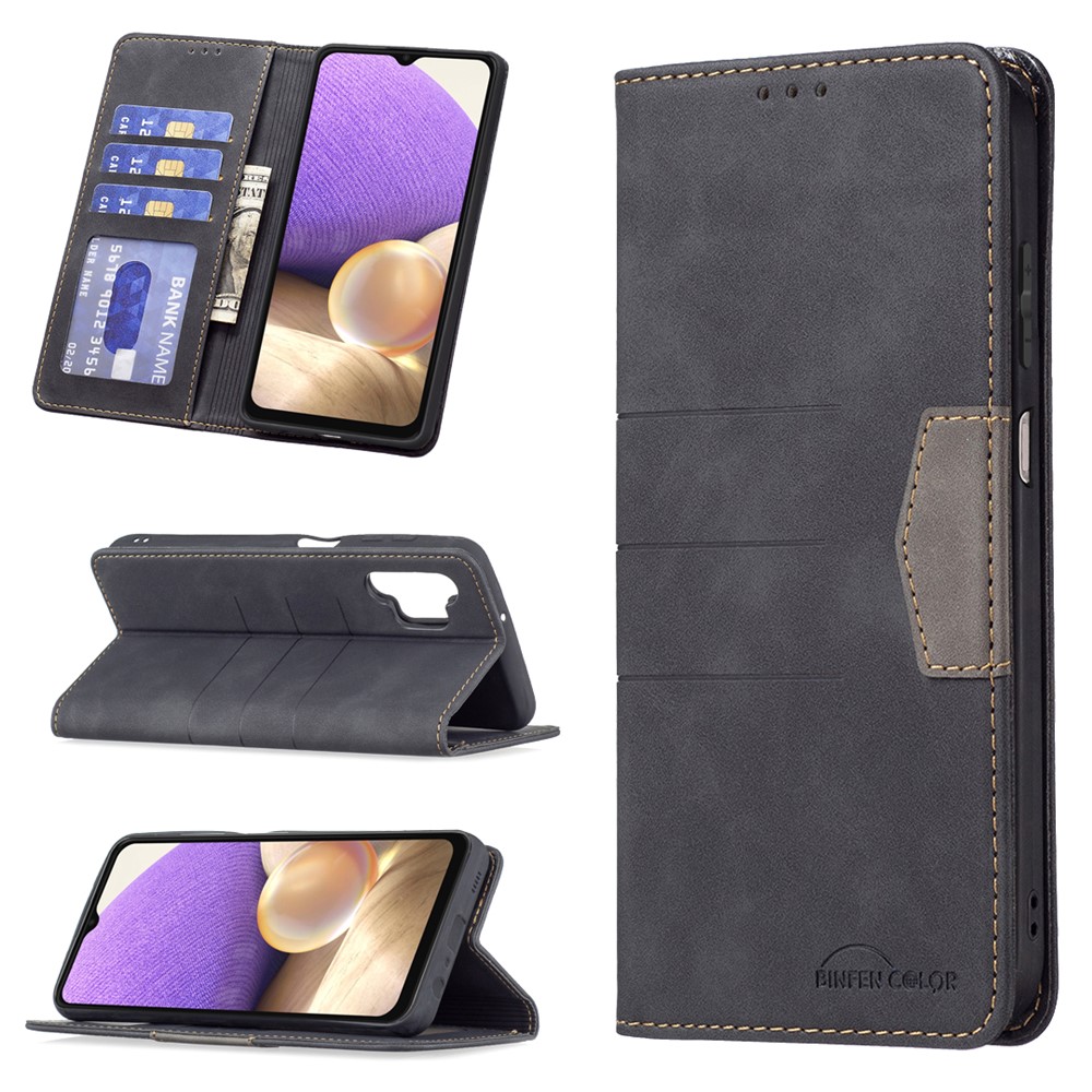 BINFEN COLOR Stylish Flip Phone Case Wallet Function Stand Design TPU+PU Leather Phone Covering Shell for Samsung Galaxy A32 5G - Black-8