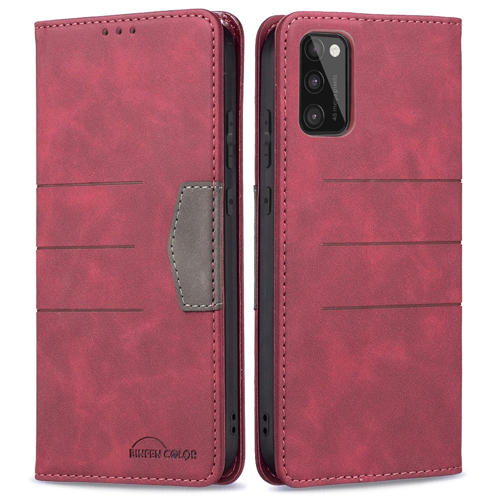 BINFEN COLOR Premium Bi-color Flip Phone Covering Shell Wallet Function Stand Design Inner TPU+PU Leather Phone Case for Samsung Galaxy A41 (Global Version) - Red-1