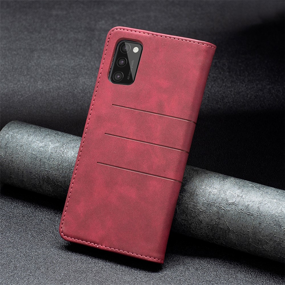 BINFEN COLOR Premium Bi-color Flip Phone Covering Shell Wallet Function Stand Design Inner TPU+PU Leather Phone Case for Samsung Galaxy A41 (Global Version) - Red-7