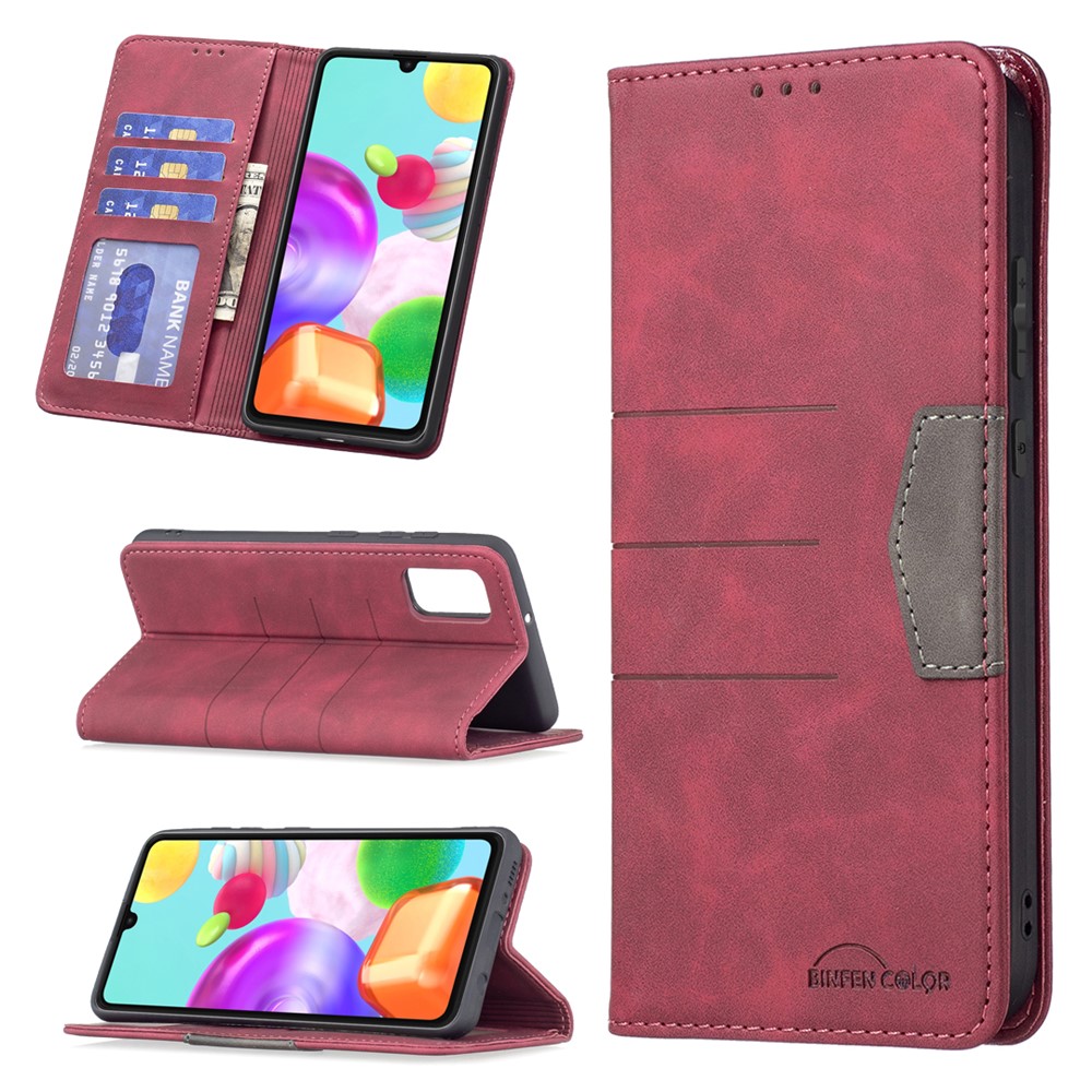 BINFEN COLOR Premium Bi-color Flip Phone Covering Shell Wallet Function Stand Design Inner TPU+PU Leather Phone Case for Samsung Galaxy A41 (Global Version) - Red-8