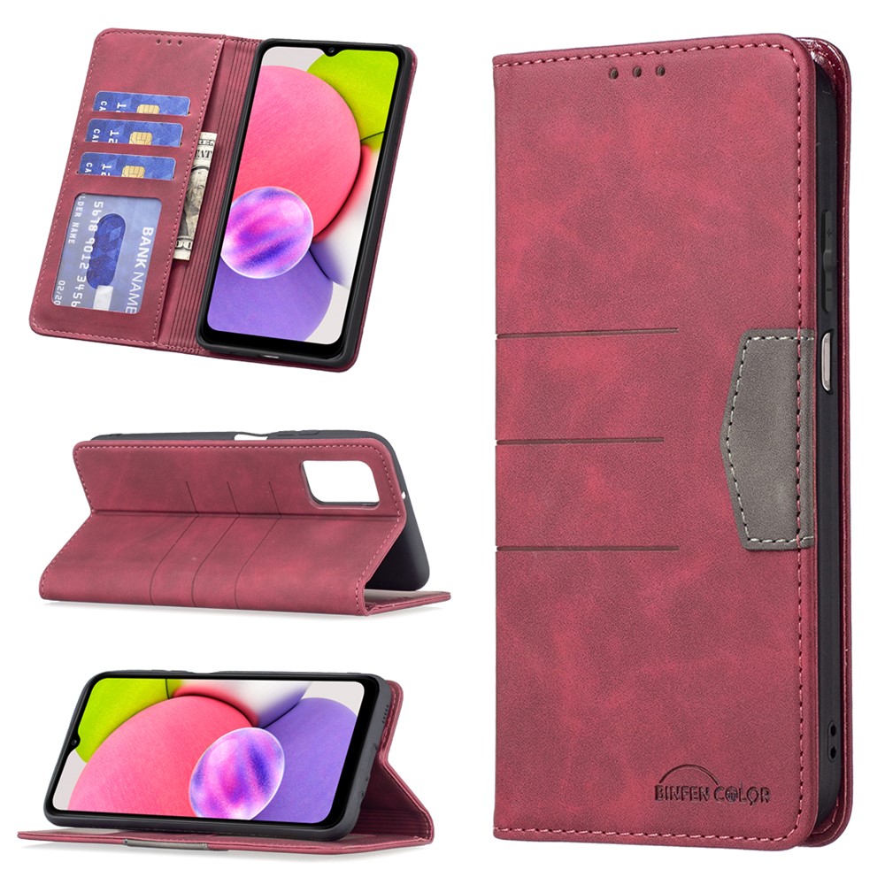 BINFEN COLOR Phone Flip Cover Ultra-strong Magnetic Anti-dust Phone Case Splicing Leather Wallet for Samsung Galaxy A03s (166.5 x 75.98 x 9.14mm) - Red-8