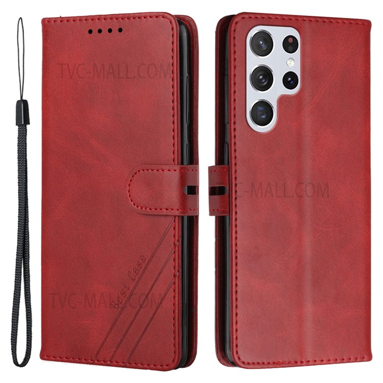 Solid Color PU Leather Stand Case Magnetic Clasp Wallet Phone Cover with Strap for Samsung Galaxy S22 Ultra - Red-1