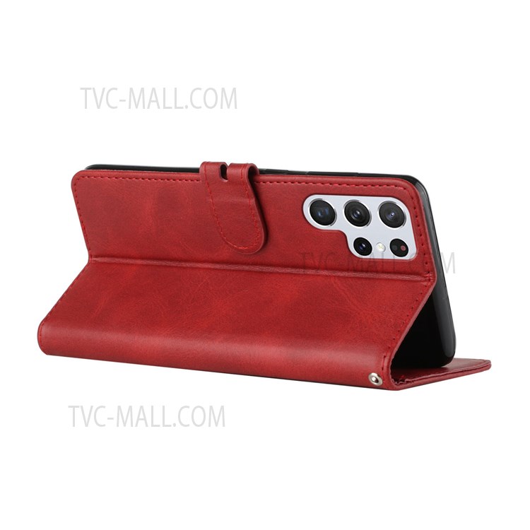Solid Color PU Leather Stand Case Magnetic Clasp Wallet Phone Cover with Strap for Samsung Galaxy S22 Ultra - Red-4