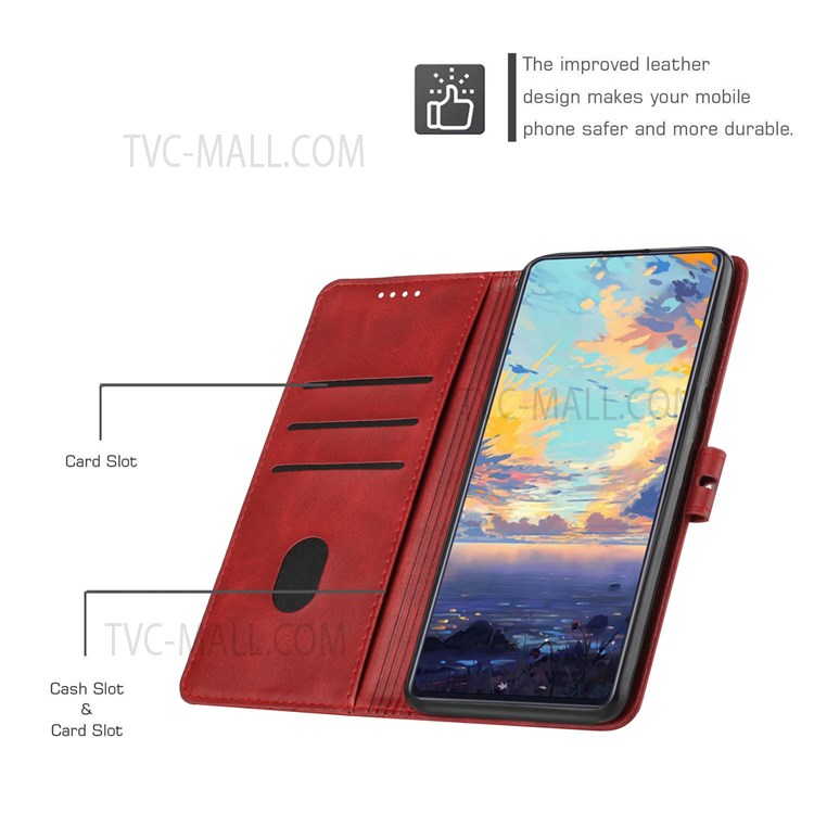 Solid Color PU Leather Stand Case Magnetic Clasp Wallet Phone Cover with Strap for Samsung Galaxy S22 Ultra - Red-7