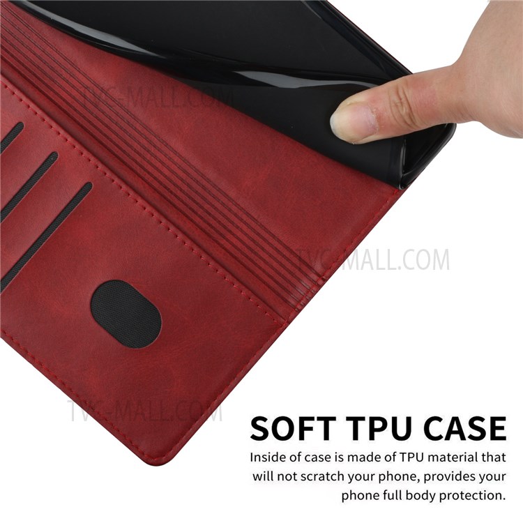 Solid Color PU Leather Stand Case Magnetic Clasp Wallet Phone Cover with Strap for Samsung Galaxy S22 Ultra - Red-8