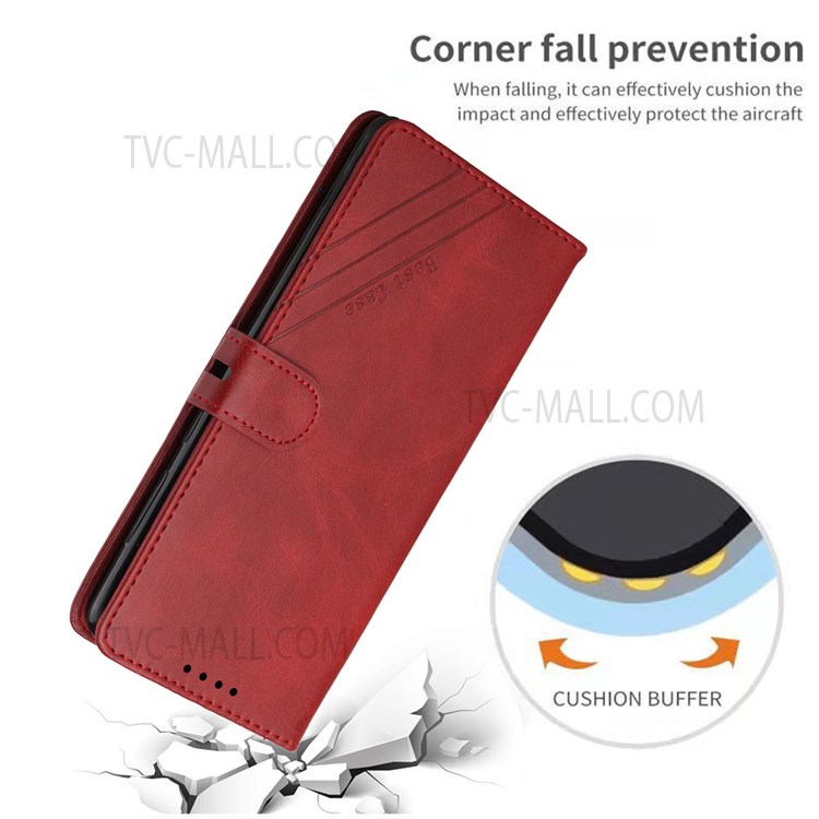Solid Color PU Leather Stand Case Magnetic Clasp Wallet Phone Cover with Strap for Samsung Galaxy S22 Ultra - Red-9