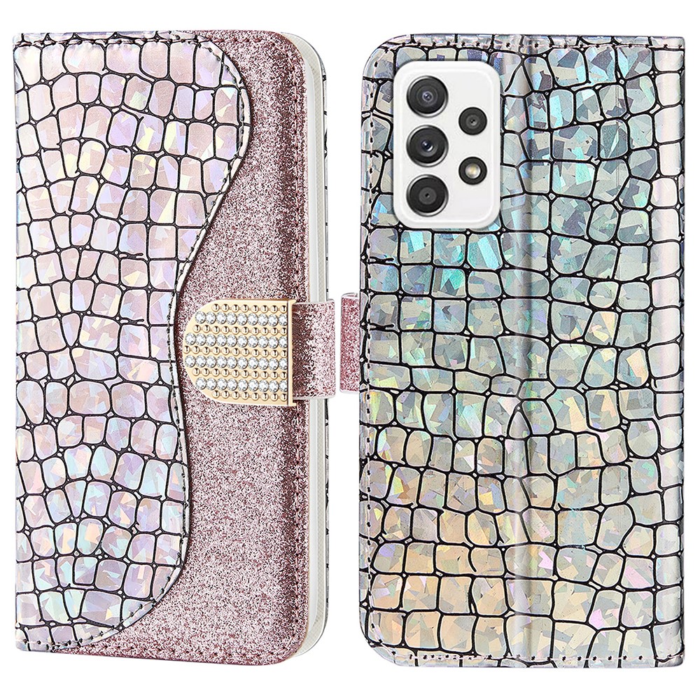 Anti-drop Splicing Crocodile Texture Glittery Powder Shockproof TPU+PU Leather Stand Wallet Case for Samsung Galaxy A53 5G - Rose Gold-1