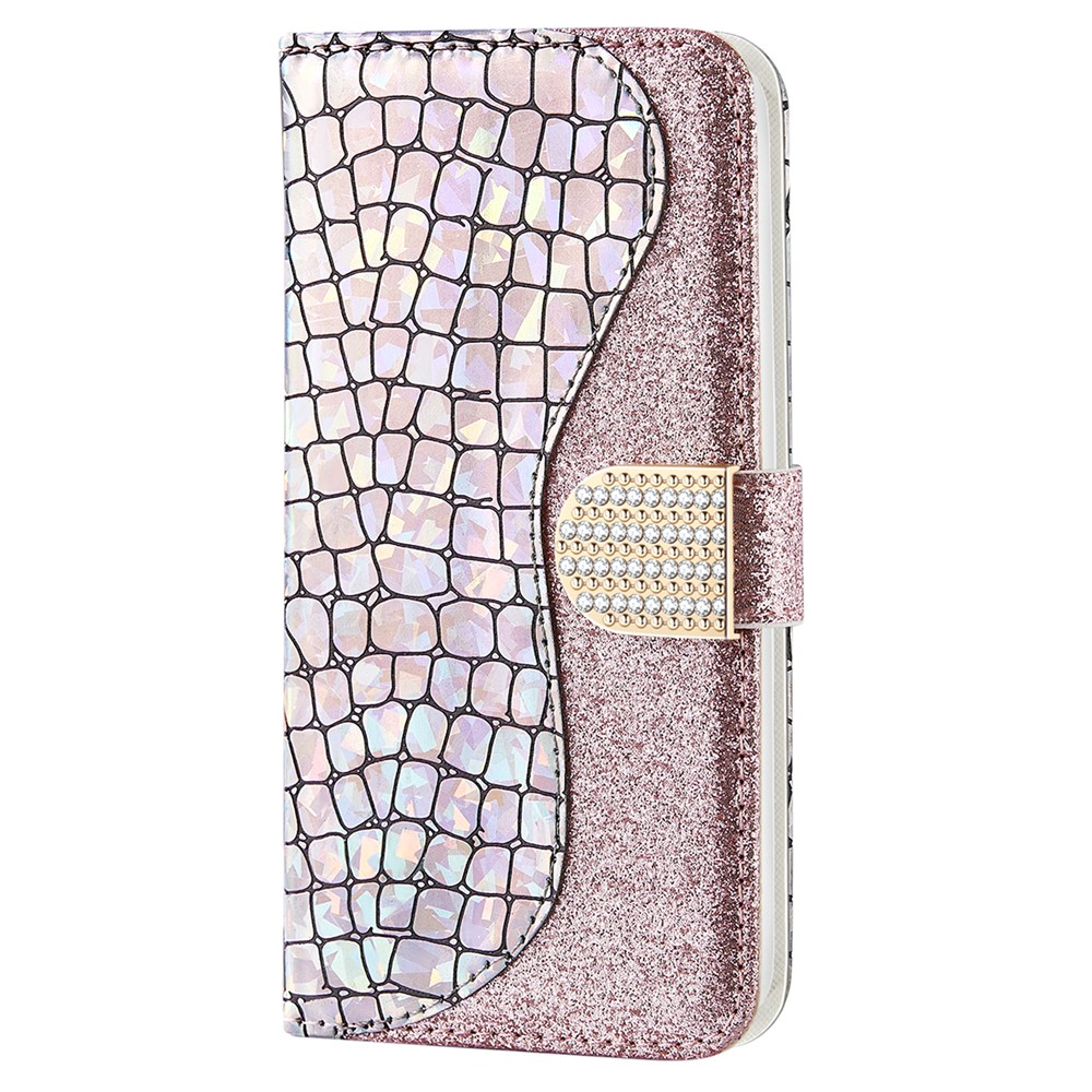 Anti-drop Splicing Crocodile Texture Glittery Powder Shockproof TPU+PU Leather Stand Wallet Case for Samsung Galaxy A53 5G - Rose Gold-2