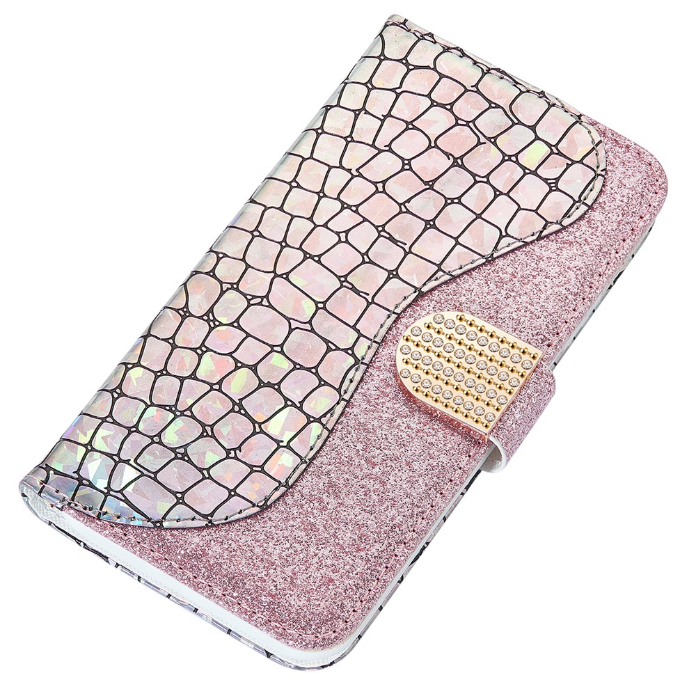 Anti-drop Splicing Crocodile Texture Glittery Powder Shockproof TPU+PU Leather Stand Wallet Case for Samsung Galaxy A53 5G - Rose Gold-5