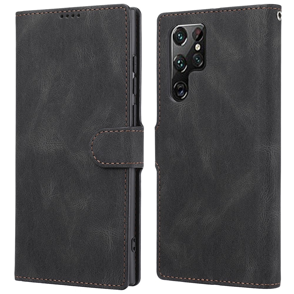 Classic Style PU Leather Magnetic Flip Folio Case Wallet Stand Drop Protection Cover for Samsung Galaxy S22 Ultra - Black-1