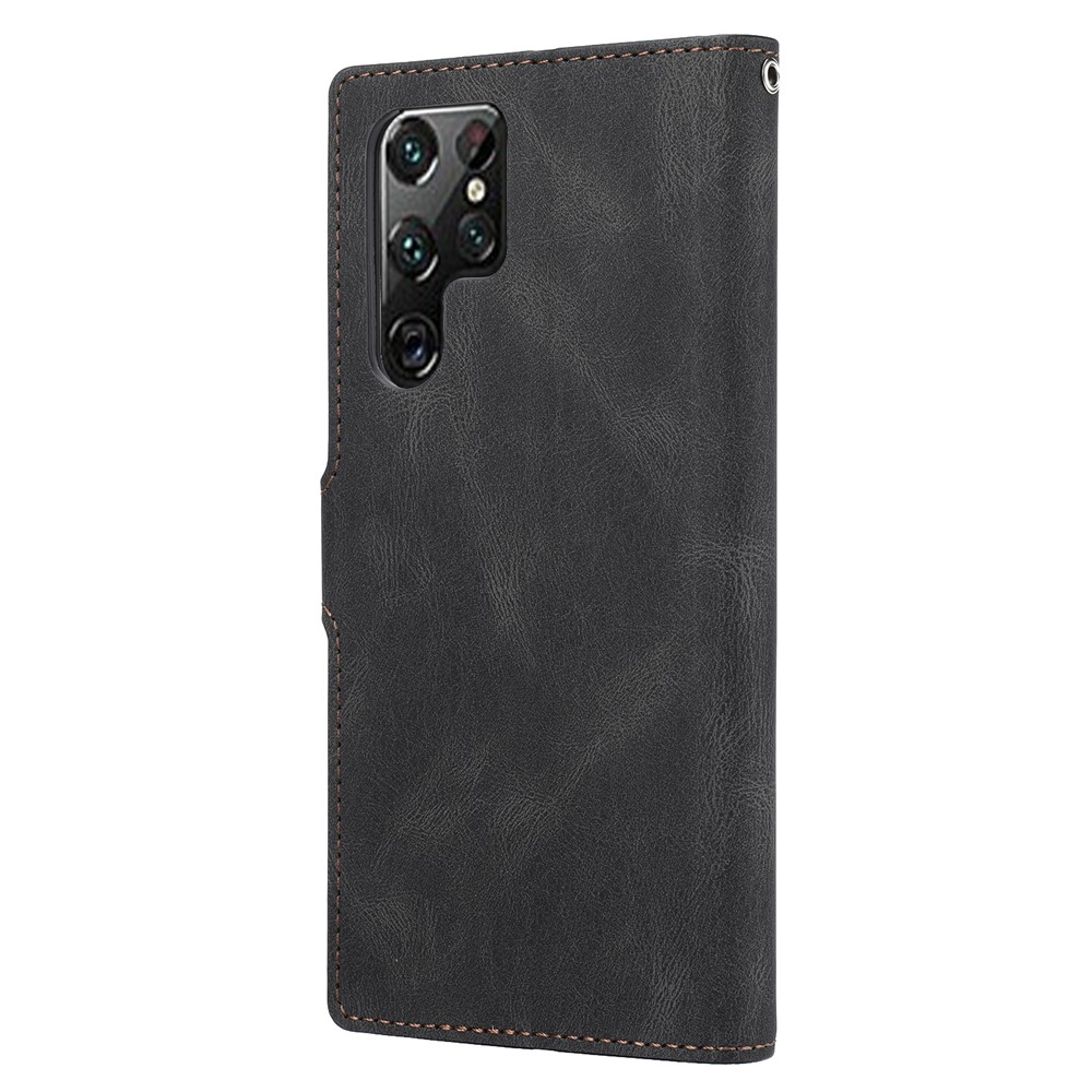Classic Style PU Leather Magnetic Flip Folio Case Wallet Stand Drop Protection Cover for Samsung Galaxy S22 Ultra - Black-3