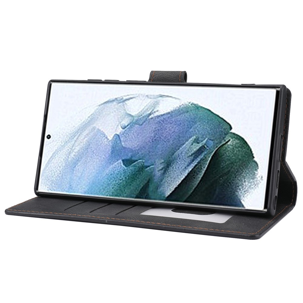 Classic Style PU Leather Magnetic Flip Folio Case Wallet Stand Drop Protection Cover for Samsung Galaxy S22 Ultra - Black-4