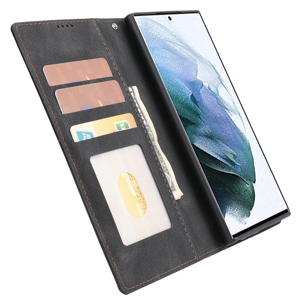 Classic Style PU Leather Magnetic Flip Folio Case Wallet Stand Drop Protection Cover for Samsung Galaxy S22 Ultra - Black-6