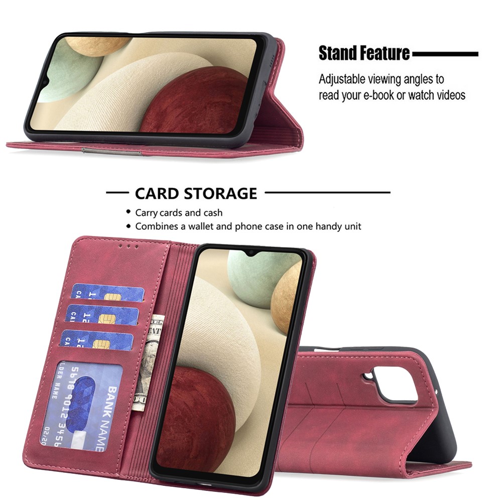 BINFEN COLOR Phone Protection Covering Magnetic Bi-color Flip Wallet Function Stand Design TPU+PU Leather Phone Case for Samsung Galaxy A12 - Red-2