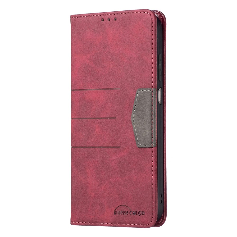 BINFEN COLOR Phone Protection Covering Magnetic Bi-color Flip Wallet Function Stand Design TPU+PU Leather Phone Case for Samsung Galaxy A12 - Red-4
