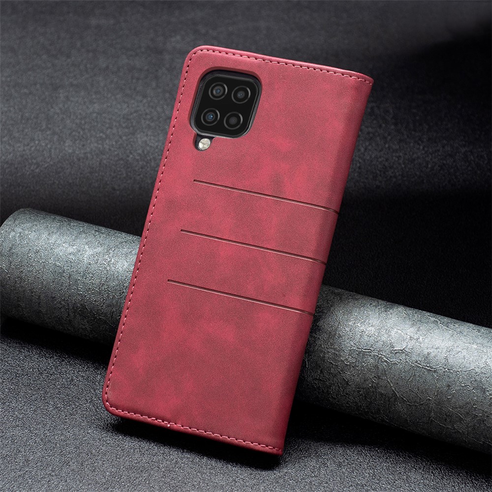 BINFEN COLOR Phone Protection Covering Magnetic Bi-color Flip Wallet Function Stand Design TPU+PU Leather Phone Case for Samsung Galaxy A12 - Red-7