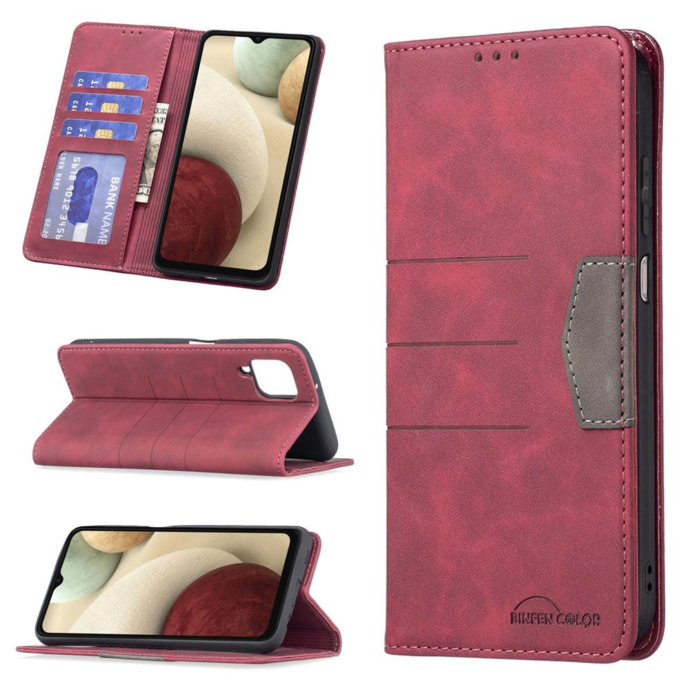 BINFEN COLOR Phone Protection Covering Magnetic Bi-color Flip Wallet Function Stand Design TPU+PU Leather Phone Case for Samsung Galaxy A12 - Red-8
