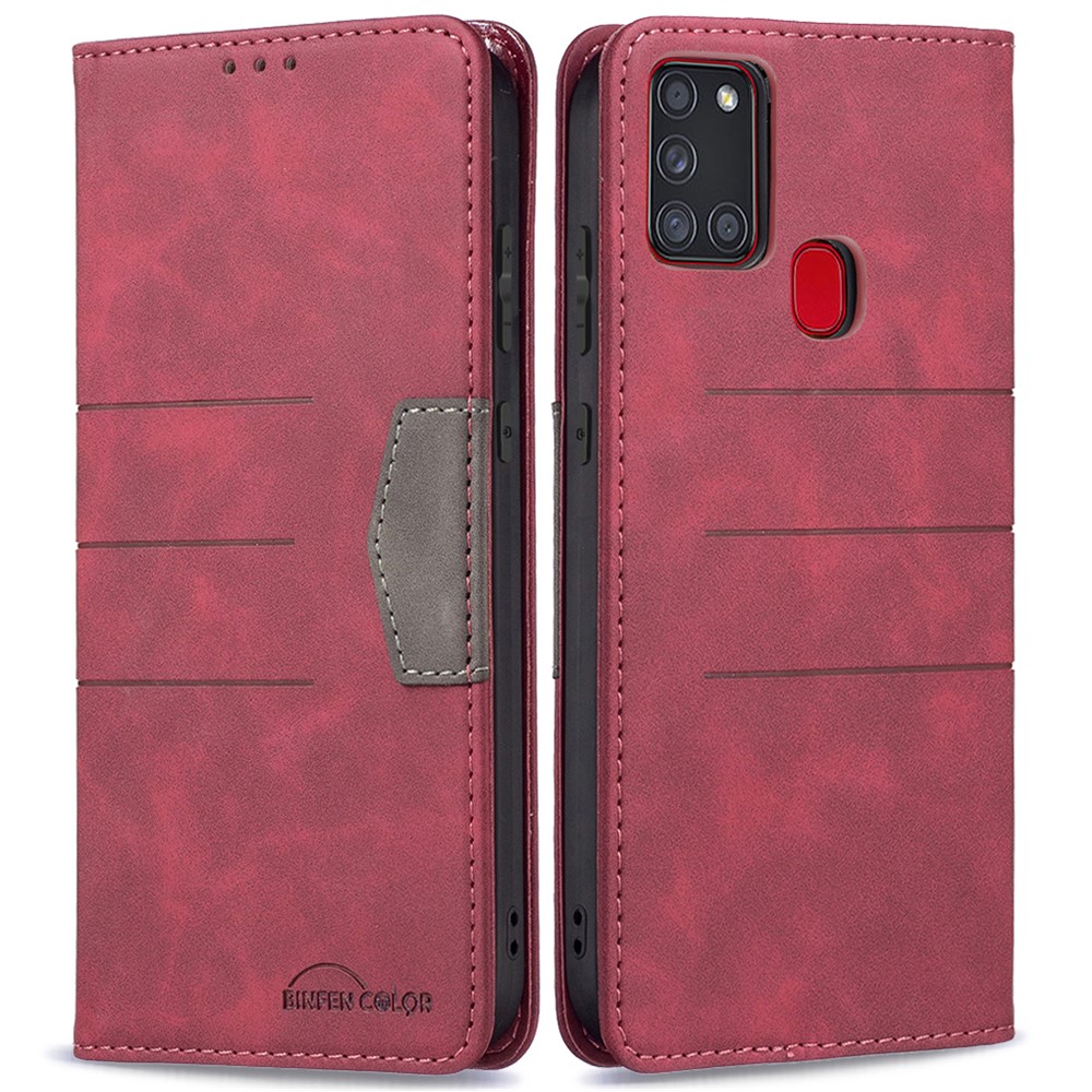 BINFEN COLOR Stylish Bi-color Flip Phone Covering Shell Wallet Function Stand Design Compatible for Samsung Galaxy A21s Leather Phone Case - Red-1