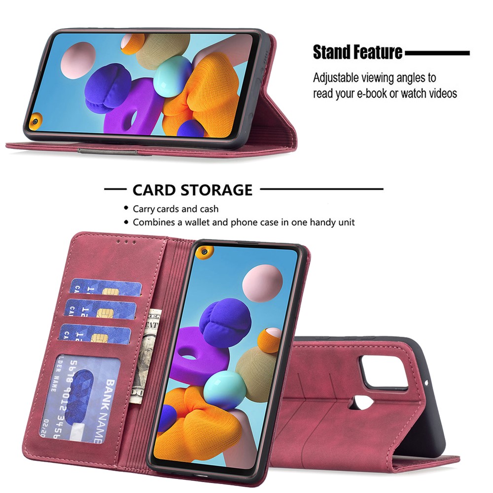 BINFEN COLOR Stylish Bi-color Flip Phone Covering Shell Wallet Function Stand Design Compatible for Samsung Galaxy A21s Leather Phone Case - Red-2