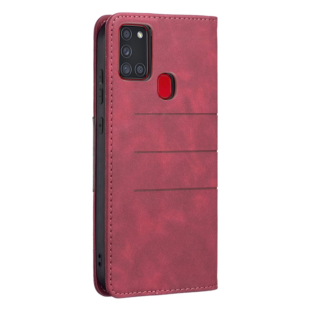 BINFEN COLOR Stylish Bi-color Flip Phone Covering Shell Wallet Function Stand Design Compatible for Samsung Galaxy A21s Leather Phone Case - Red-5