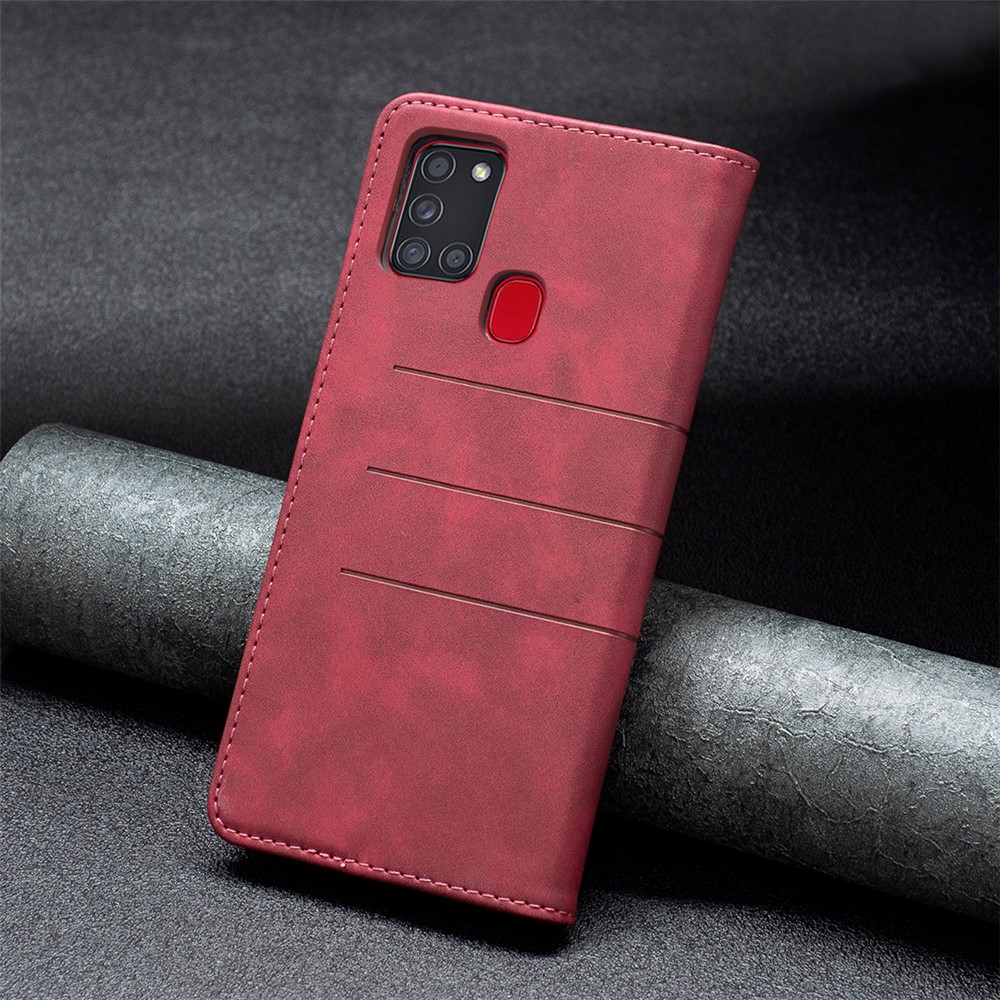 BINFEN COLOR Stylish Bi-color Flip Phone Covering Shell Wallet Function Stand Design Compatible for Samsung Galaxy A21s Leather Phone Case - Red-7