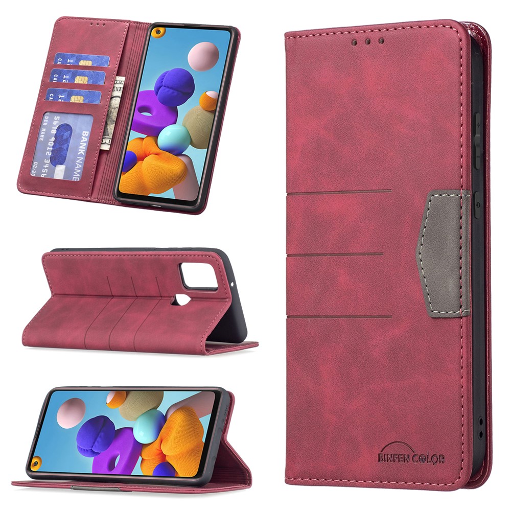 BINFEN COLOR Stylish Bi-color Flip Phone Covering Shell Wallet Function Stand Design Compatible for Samsung Galaxy A21s Leather Phone Case - Red-8