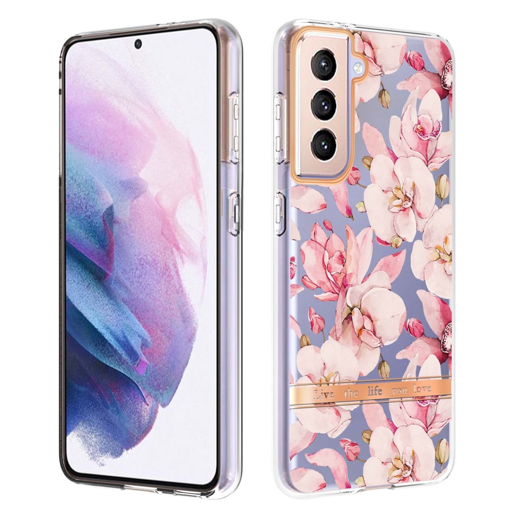 Stylish Flower Letter Design Anti-scratch IML IMD Electroplating TPU Phone Case for Samsung Galaxy S21+ 5G - HC005 Pink Gardenia-1