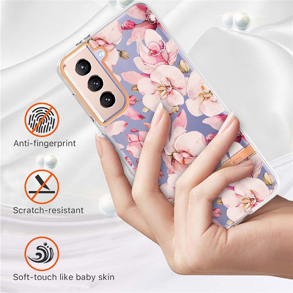 Stylish Flower Letter Design Anti-scratch IML IMD Electroplating TPU Phone Case for Samsung Galaxy S21+ 5G - HC005 Pink Gardenia-2