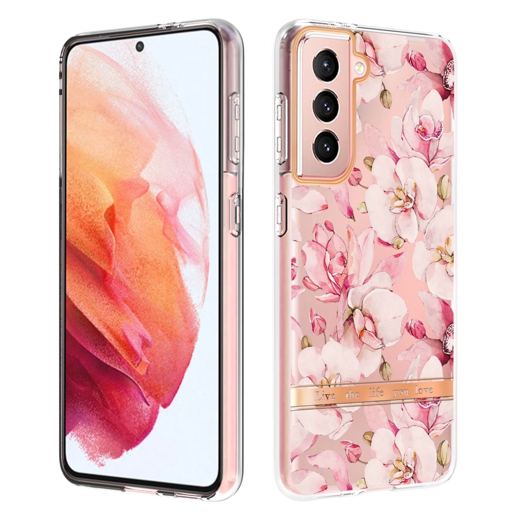IML IMD Fashionable Mobile Phone Cover Flower Letter Design Anti-scratch Electroplating TPU Phone Case for Samsung Galaxy S21 5G - HC005 Pink Gardenia-1