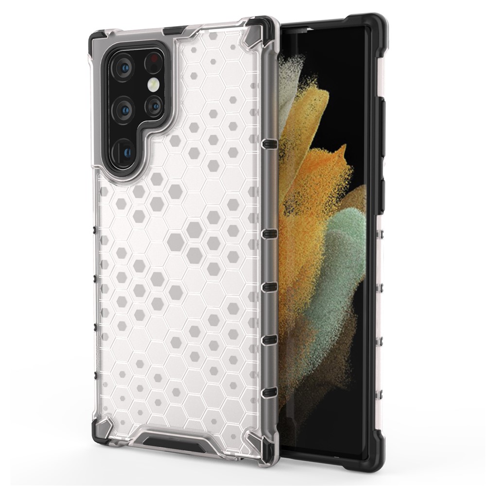 Honeycomb Pattern TPU + PC Hybrid Phone Cover Shock-proof Protective Case for Samsung Galaxy S22 Ultra - Grey-1