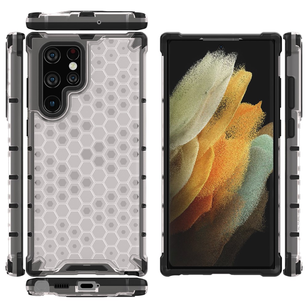Honeycomb Pattern TPU + PC Hybrid Phone Cover Shock-proof Protective Case for Samsung Galaxy S22 Ultra - Grey-5