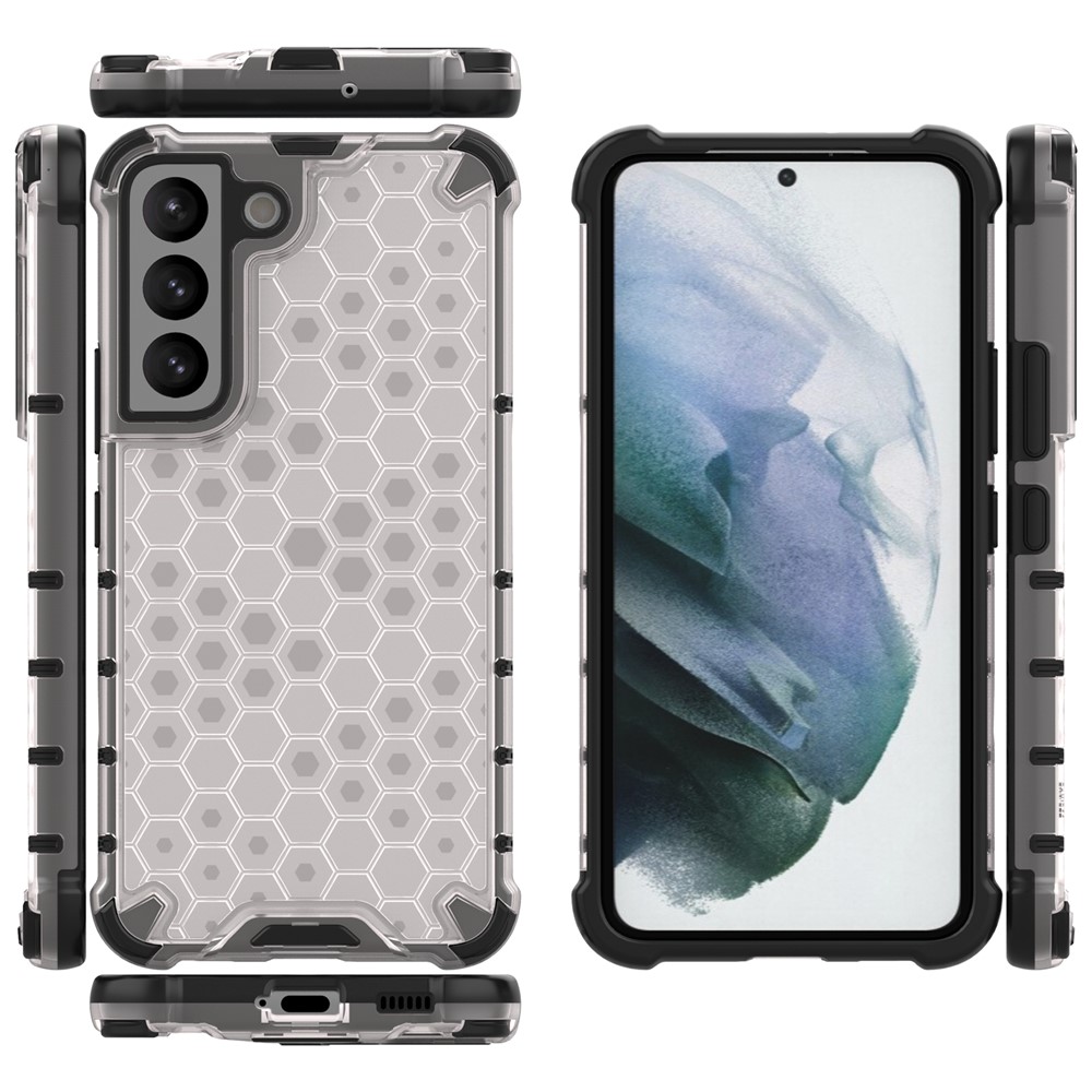Fall-proof Honeycomb Pattern TPU + PC Phone Cover Protective Back Case for Samsung Galaxy S22 - Grey-5