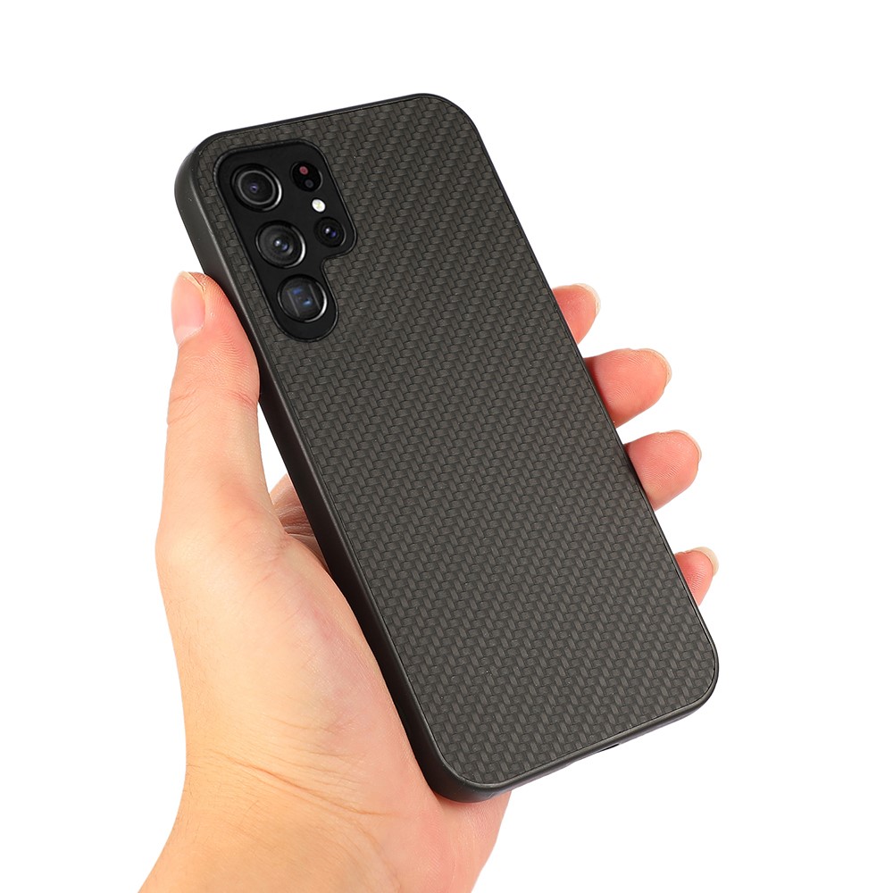PU Leather Coated PC + TPU Carbon Fiber Texture Shockproof Phone Case Cover for Samsung Galaxy S22 Ultra - Black-2