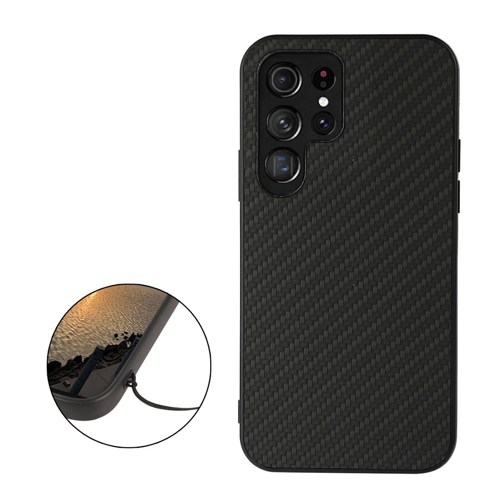 PU Leather Coated PC + TPU Carbon Fiber Texture Shockproof Phone Case Cover for Samsung Galaxy S22 Ultra - Black-3