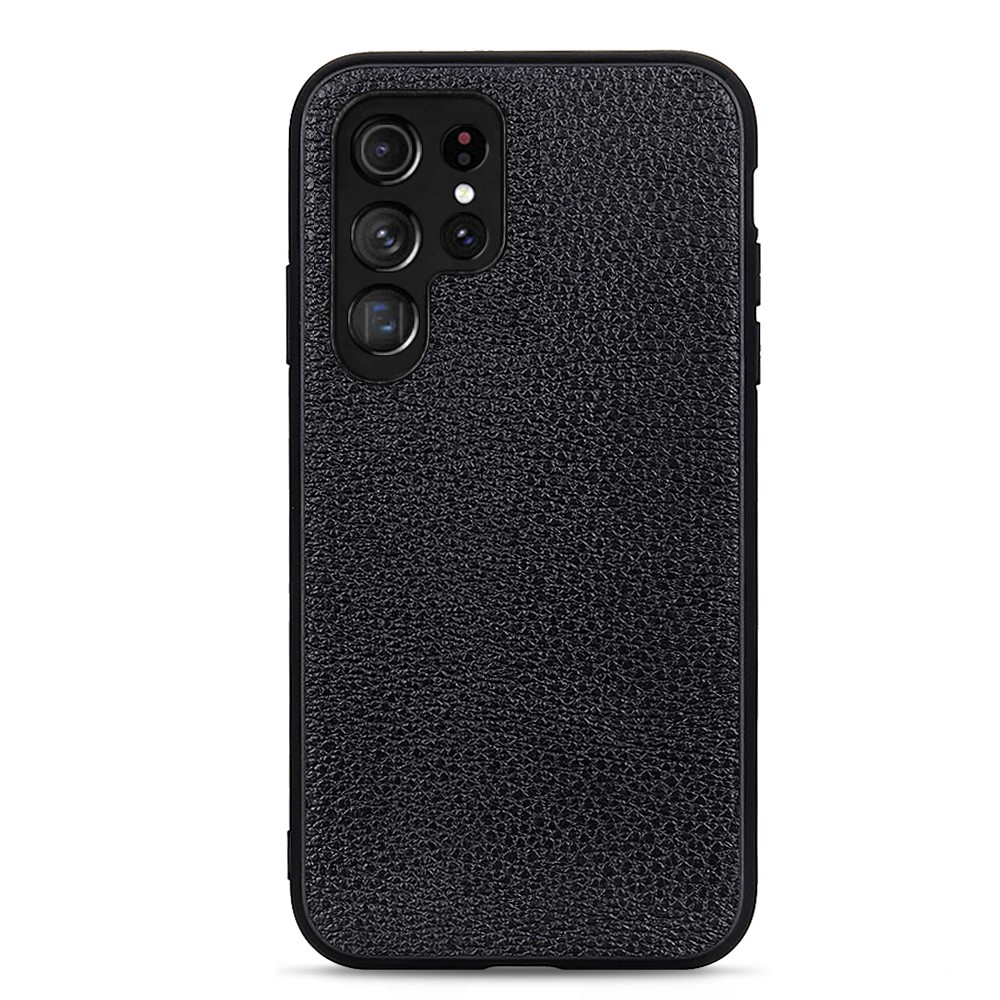Litchi Texture Genuine Leather Coated TPU + PC Phone Case Protector for Samsung Galaxy S22 Ultra - Black-1