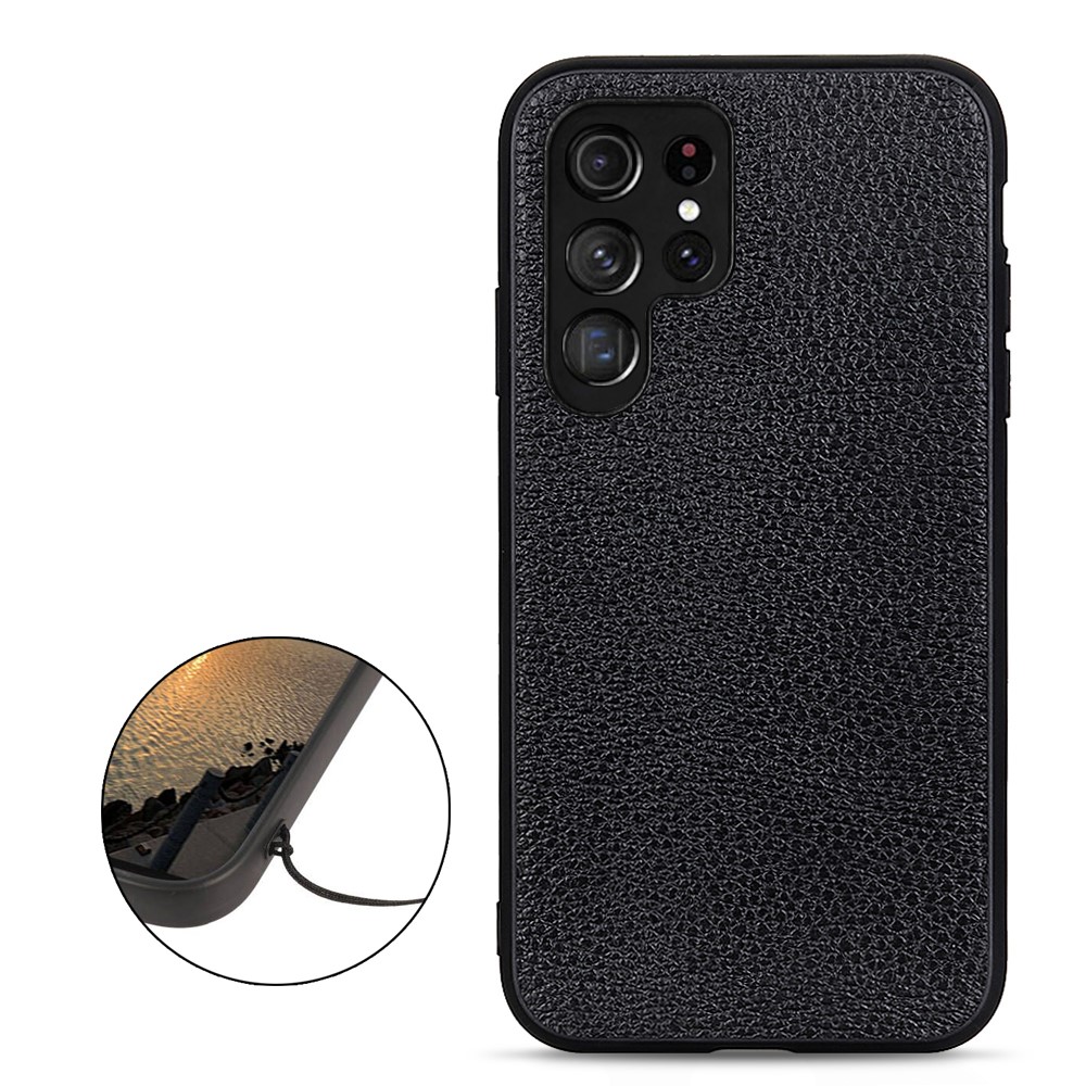 Litchi Texture Genuine Leather Coated TPU + PC Phone Case Protector for Samsung Galaxy S22 Ultra - Black-2