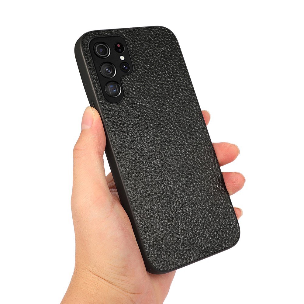 Litchi Texture Genuine Leather Coated TPU + PC Phone Case Protector for Samsung Galaxy S22 Ultra - Black-3