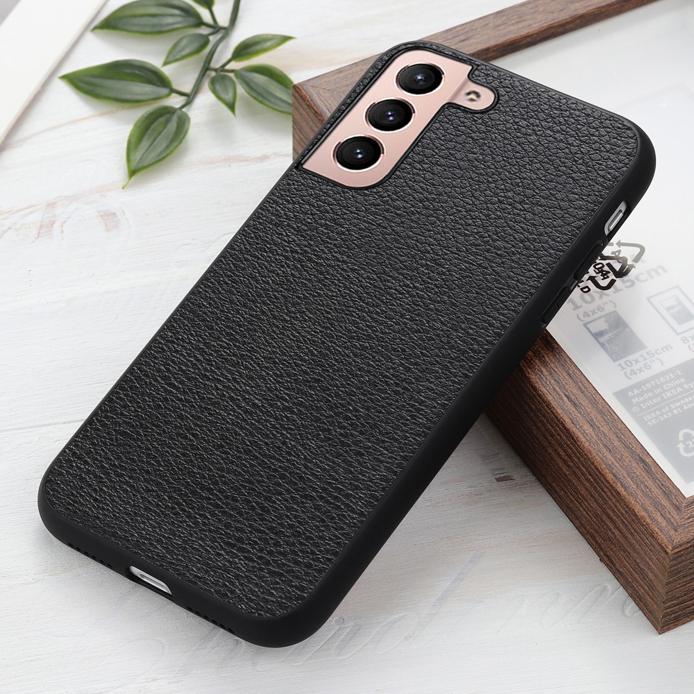 Genuine Leather Coated TPU + PC Anti-scratch Litchi Texture Phone Cover Case for Samsung Galaxy S22 - Black-4