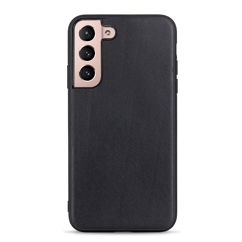 Textured Genuine Leather Coated PC + TPU Hybrid Case Well-protected Phone Cover for Samsung Galaxy S22 Plus - Black-1