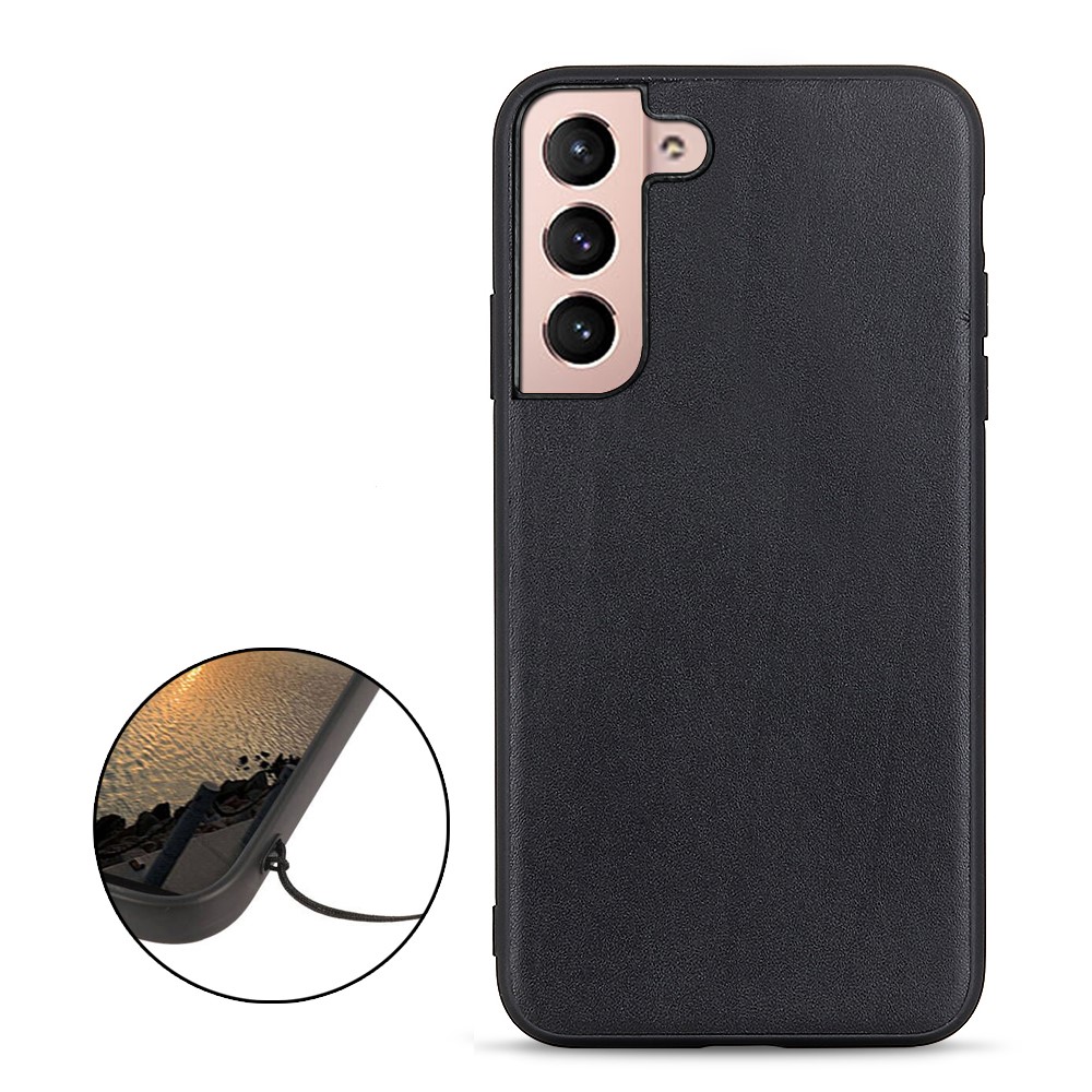 Textured Genuine Leather Coated PC + TPU Hybrid Case Well-protected Phone Cover for Samsung Galaxy S22 Plus - Black-2