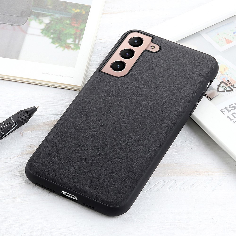 Textured Genuine Leather Coated PC + TPU Hybrid Case Well-protected Phone Cover for Samsung Galaxy S22 Plus - Black-4