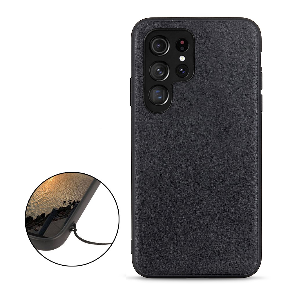 Textured Genuine Leather Coated PC + TPU Protective Phone Case Cover for Samsung Galaxy S22 Ultra - Black-2