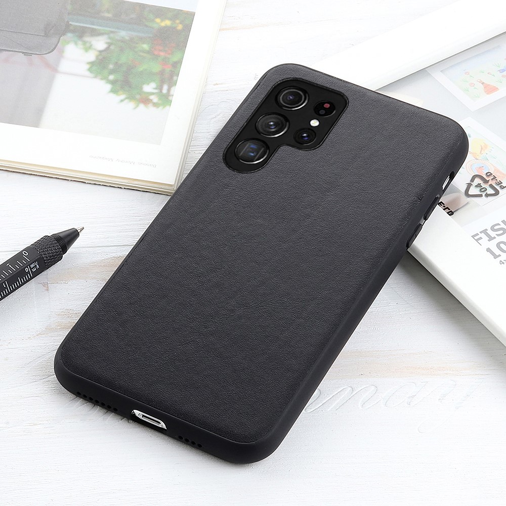 Textured Genuine Leather Coated PC + TPU Protective Phone Case Cover for Samsung Galaxy S22 Ultra - Black-4